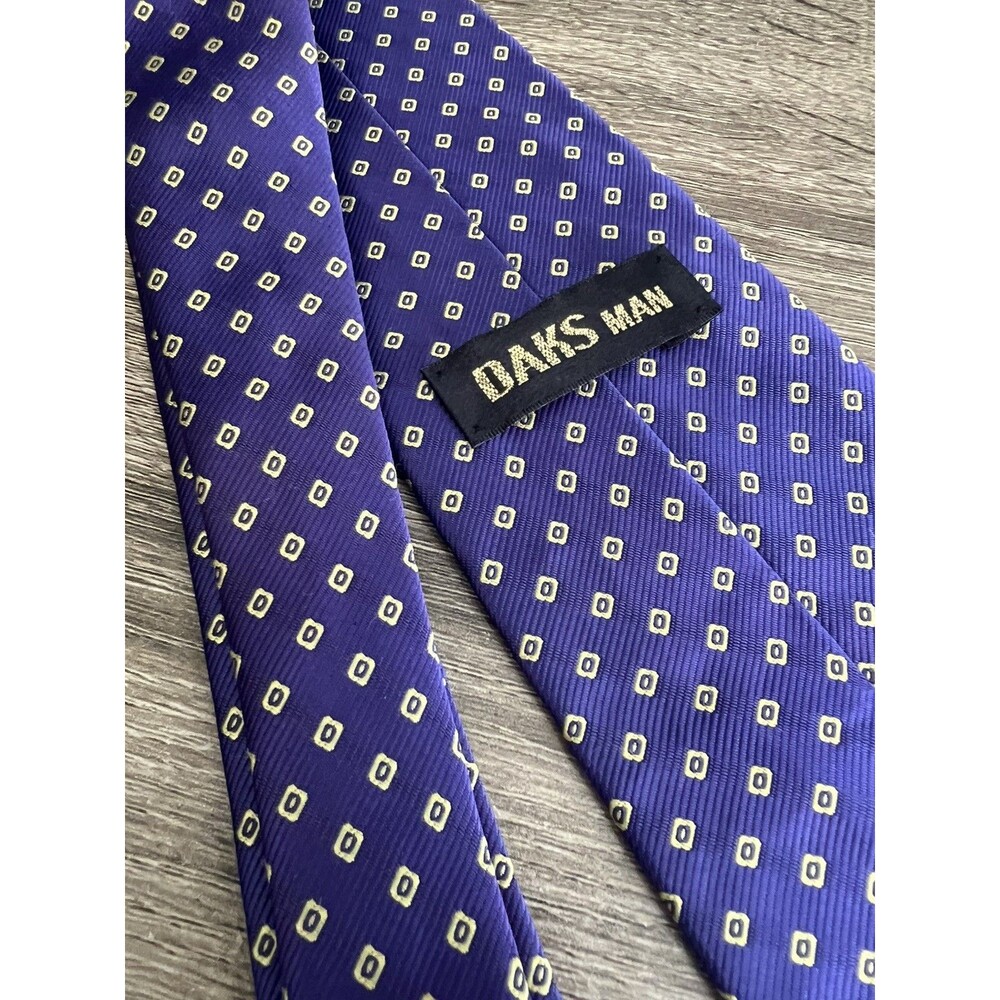 Vintage DAKS MAN Purple Silk Tie Gold Geometric Square Print British Designer